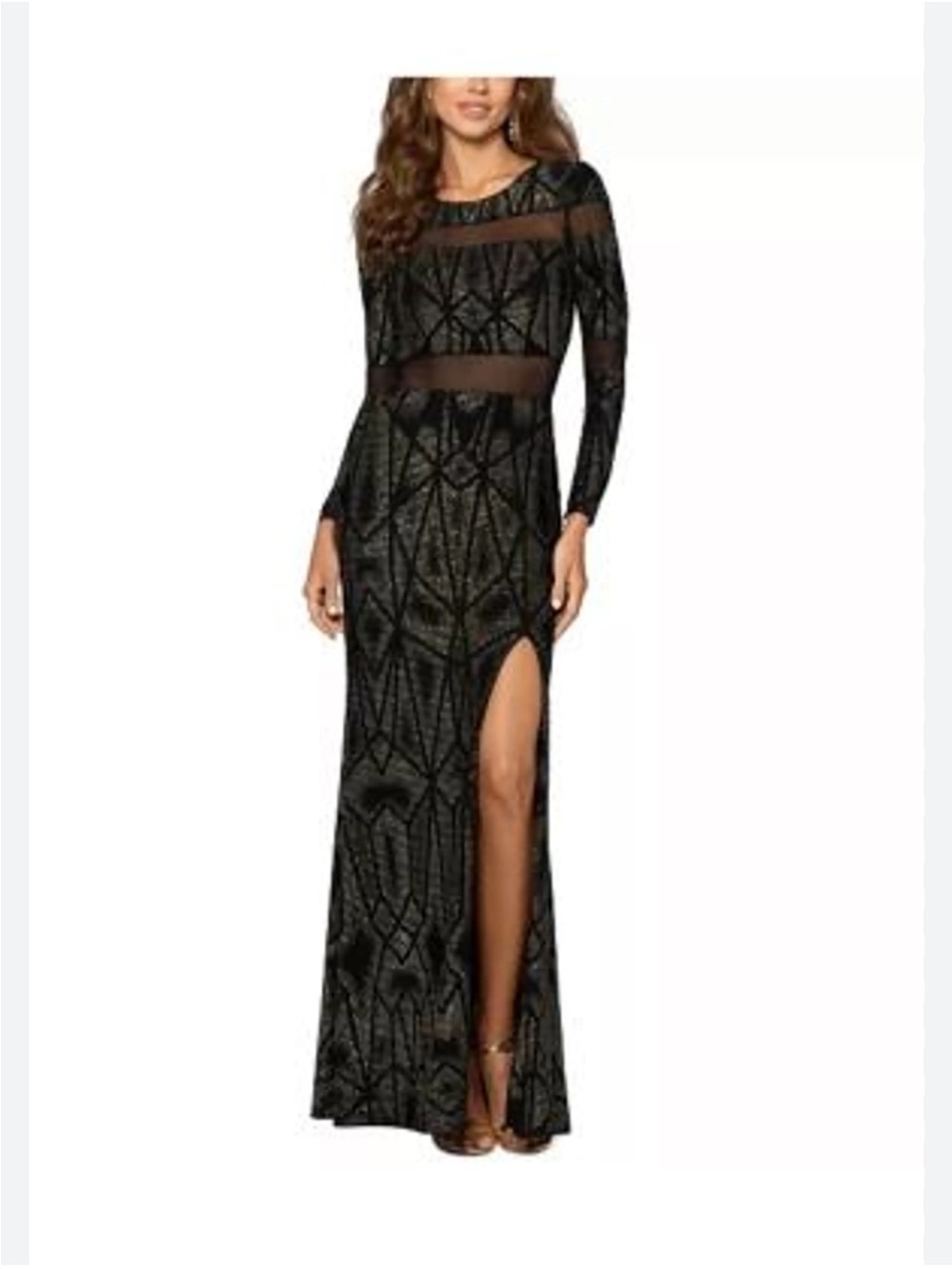 Betsy & Adam Black Long Sleeve Maxi Dress with Side Slit